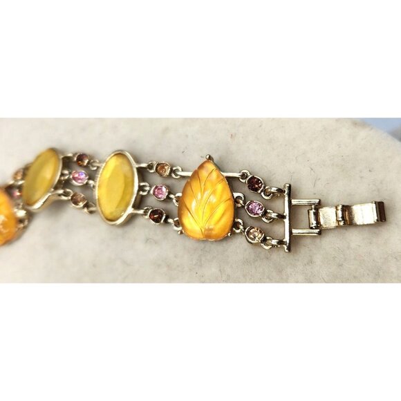 Honey Colored Cabochon Bracelet - Leaf Motif With Rhinestone Accents - Picture 4 of 5